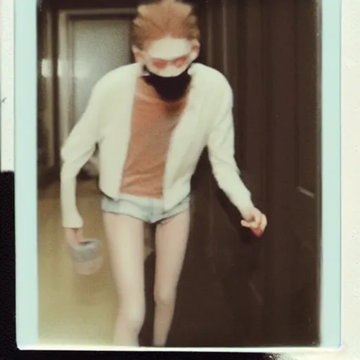 Image similar to A creepy polaroid photo of skinny Willem dafoe chasing billie eilish down a hallway