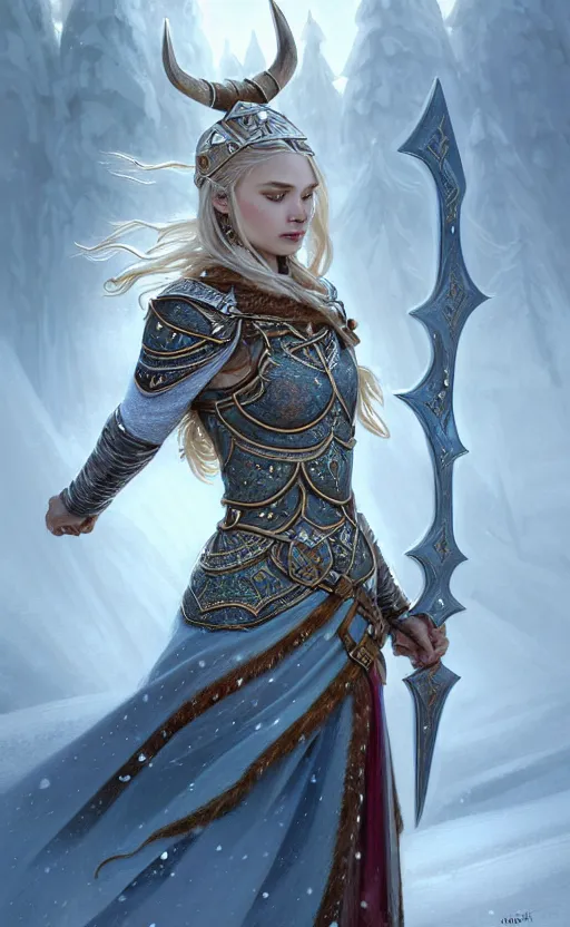 Prompt: opal viking warrior, regal, elegant, winter, snow, beautiful, stunning, hd, illustration, epic, d & d, fantasy, intricate, elegant, highly detailed, wide angle, digital painting, artstation, concept art, smooth, sharp focus, illustration, wallpaper, art by artgerm and greg rutkowski and alphonse mucha and jin xiaodi