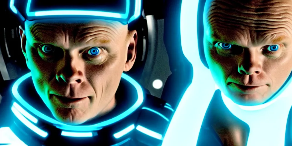 Image similar to a film still of Bill burr in Tron, high quality