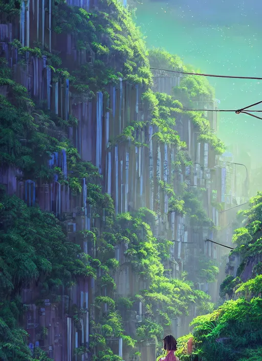 Image similar to city built on terraces in a gigantic canyon, lots of buildings connected by hanging bridges, waterfalls, glow coming from amber veins in the ground, lush vegetation, pitchblack sky, extremly detailed digital painting, in the style makoto shinkai and alena aenami, rim light, beautiful lighting, 8 k, stunning scene, raytracing, octane, trending on artstation