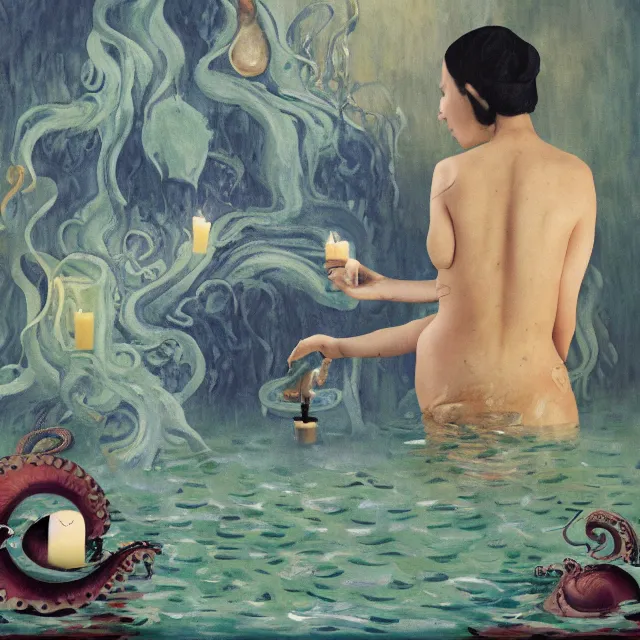 Image similar to tall female artist holding a nautilus in her flooded kitchen, pomegranates, octopus, water gushing from ceiling, painting of flood waters inside an artist's apartment, a river flooding indoors, candles, ikebana, zen, rapids, waterfall, black swans, canoe, berries, acrylic on canvas, surrealist, by magritte and monet