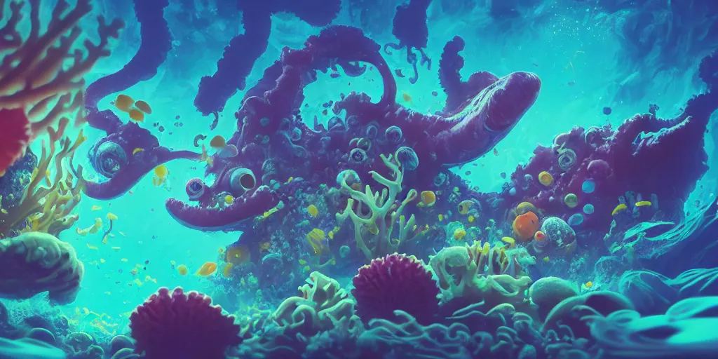 Image similar to of a colorful cloudy deep sea under water with strange cute friendly happy creatures with huge eyes, mouth, long tongue and round teeth appearing from sandy coral, in the style of gehry and gaudi, macro lens, shallow depth of field, highly detailed, digital painting, trending artstation, concept art, illustration, cinematic lighting, photorealism, epic, octane render