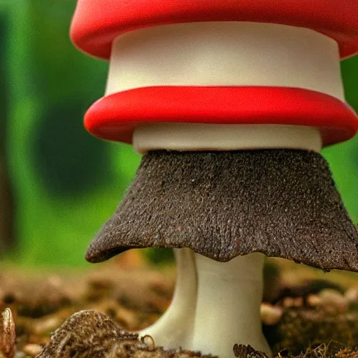 Prompt: a nature photograph of the mushroom from the super mario a museum a museum