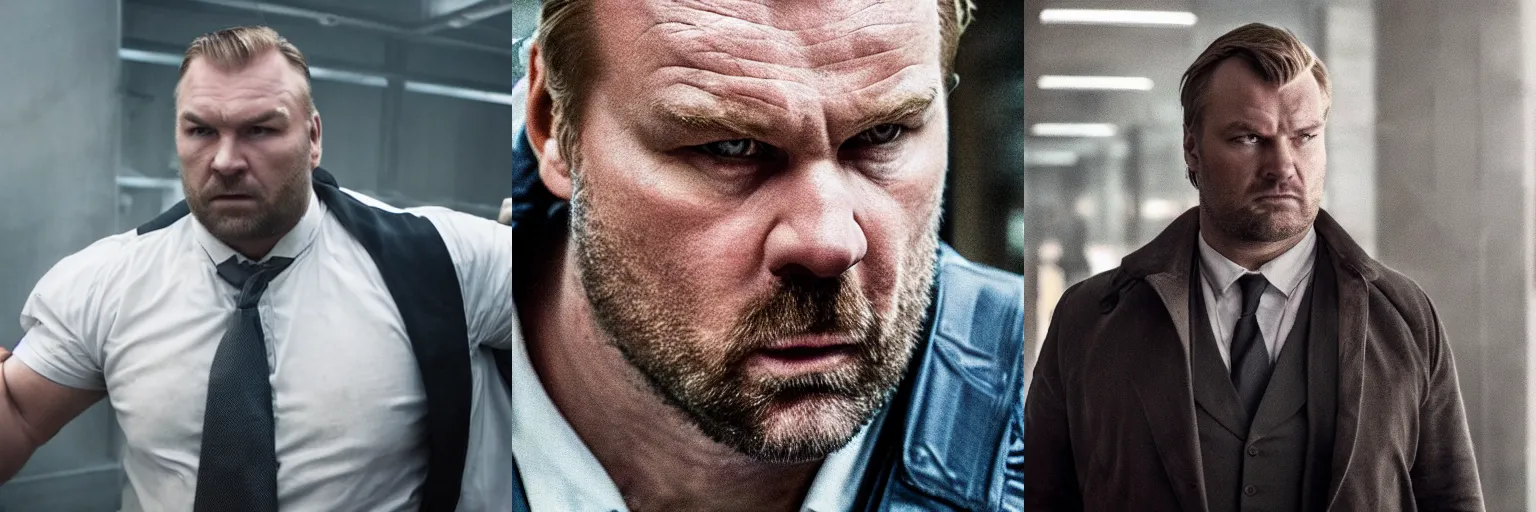 Prompt: close-up of Hafþór Júlíus Björnsson as a detective in a movie directed by Christopher Nolan, movie still frame, promotional image, imax 70 mm footage