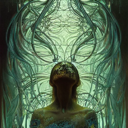 Prompt: cyber nomad by zdzisław beksinski, iris van herpen, raymond swanland and alphonse mucha. highly detailed, hyper - real, beautiful