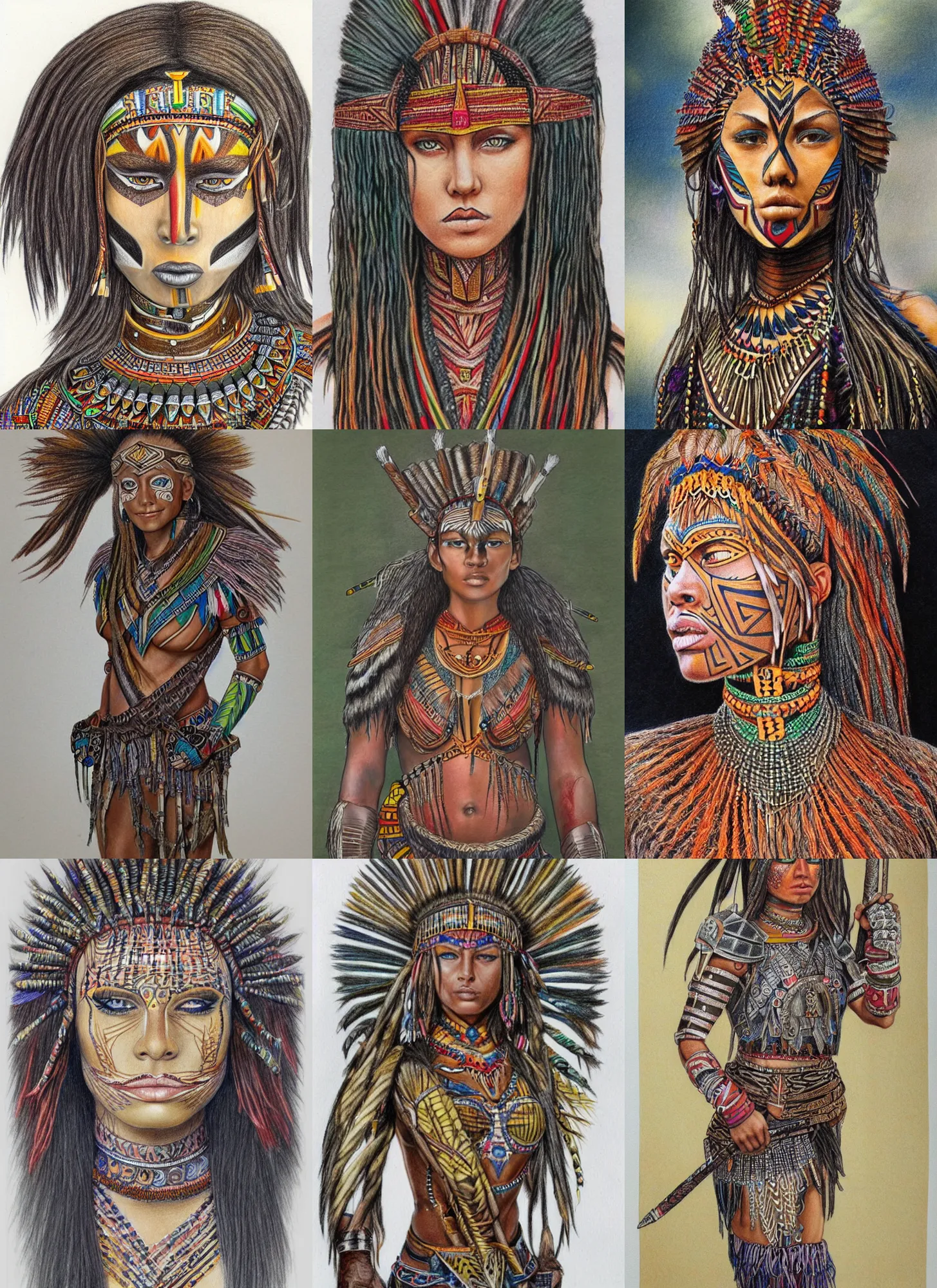 Prompt: full body detailed colored pencil drawing of a beautiful female tribal warrior with a beautiful face wearing intricate armor