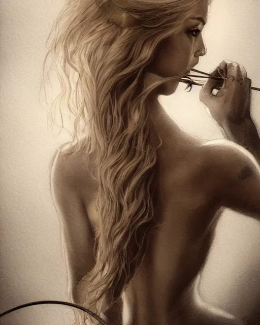 Image similar to tattoo sketch of beautiful greek goddess aphrodite, bow and arrow, beautiful piercing eyes, flowing blonde hair, realistic face, hyper realistic, in the style of greg rutkowski, fantasy, amazing detail, epic, intricate, elegant, smooth, sharp focus