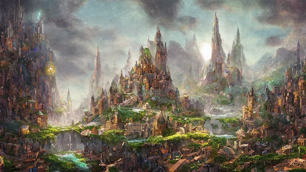 Image similar to fantasy floating city made of crystals sapphires jade and crystals, medieval, cinematic, architecture visualisation, academic painting, oil, landscaoe