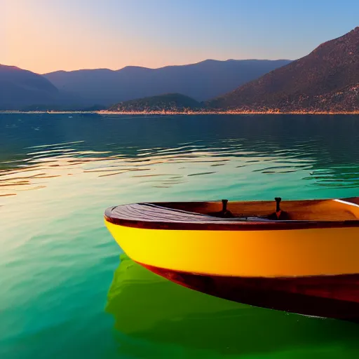 Prompt: a beautiful cigar boat on the lake, Greece, in the style of Miami vice, James bond, reflective, clear water, cliffs, sunset