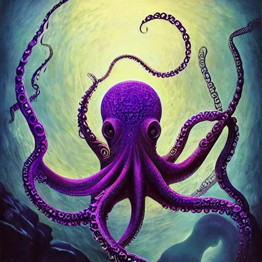 Image similar to depicting an octopus, in the style of h. p. lovecraft, exuberant organic elegant forms, by karol bak and filip hodas : : 1. 4 purple, red, blue, green, black intricate mandala explosions : : intuit art : : turbulent water backdrop : : damask wallpaper : : atmospheric