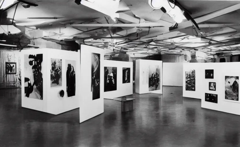 Prompt: an _ exhibition _ space _ with _ ethnographic _ objects _ on _ display _ 6 0 s _ offset _ lithography _ photography _ black _ white _ 8 _ k