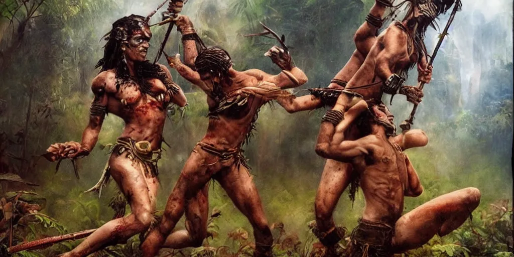 Image similar to battle in jungle, brutal aztec and Amazonian fight, epic, vintage, blood, slight inspiration of Boris vallejo and apocalypto, war photography