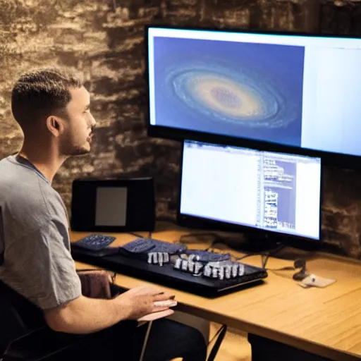 Prompt: Photo of God in his basement as a computer nerd with his computer that runs the simulation of the universe