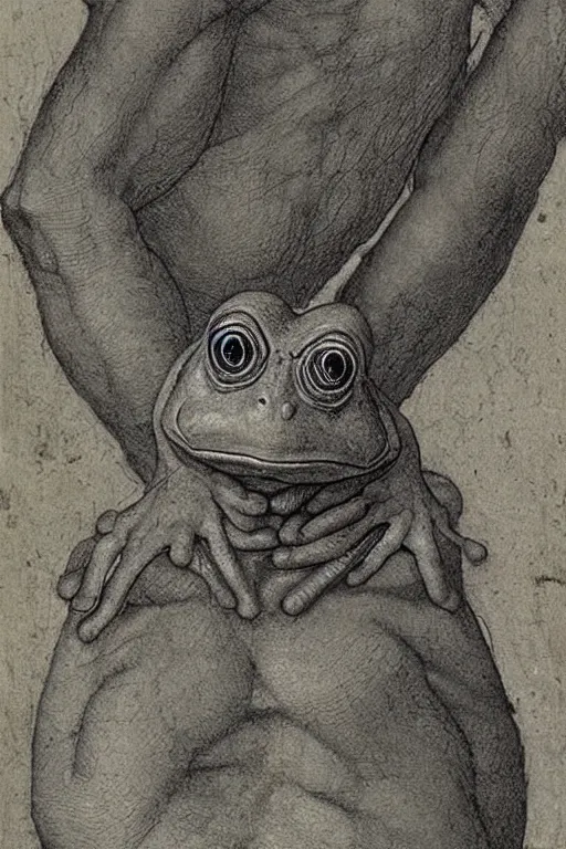 Image similar to half man half frog by leonardo davinci, highly detailed