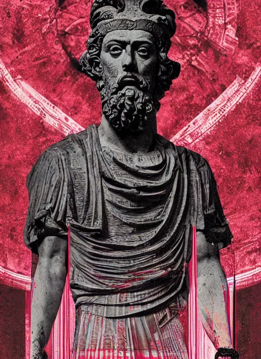 Image similar to design poster showing a statue of marcus aurelius, black background with very subtle red and purple design elements, powerful, nekro, vito acconci, graphic design, collage art, thin lines, dark, glitch art, neo vaporwave, gritty, layout frame, square, trending on artstation