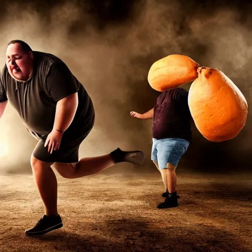 Image similar to a dramatic photo of a slightly fat man smashing a giant yam