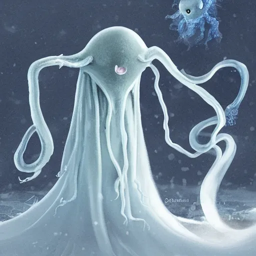 Prompt: an ethereal ghostly wraith like figure with a squid like parasite latched onto its head and long tentacle arms that flow lazily but gracefully at its sides like a cloak while it floats around a frozen rocky tundra in the snow searching for lost souls and that hides amongst the shadows in the trees, this character has hydrokinesis and electrokinesis as a real muppet by sesame street, photo realistic, photography, sesame street