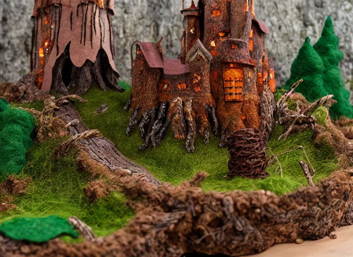 Image similar to high - res photograph of a felt and copper wire sculpture diorama with fantasy castles, highly detailed sculpey diorama, forest setting in iceland, waterfall backdrop, realistic materials, wood, felt, cloth, burlap, copper wire, hot glue, smooth, sharp foccus, commercial product photography,