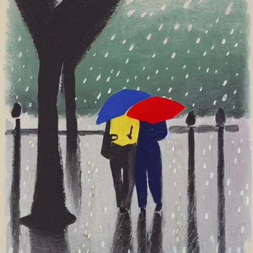 Prompt: couple walking in the rain in london, etel adnan,