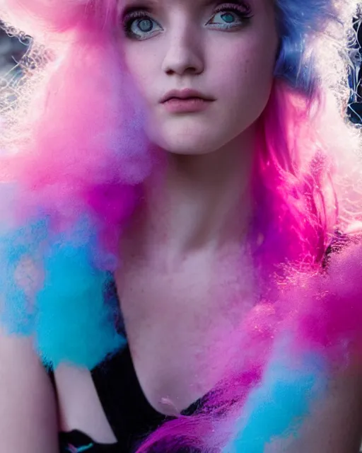 Image similar to a dramatic lighting photo of a beautiful young woman with cotton candy hair. with a little bit of cyan and pink