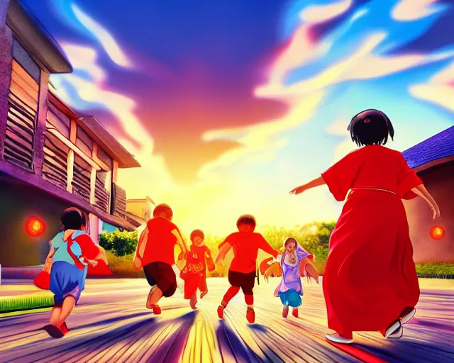 Image similar to Hispanic Granny In A Red MuMu Throwing A Slide Sandal At A Bunch Of Kids Running Away From Her, Anime Style, Manga Style, 8K, HDR, San Antonio Texas Cityscape Sunset, HDR, volumetric lighting, Hyperrealistic-H 960