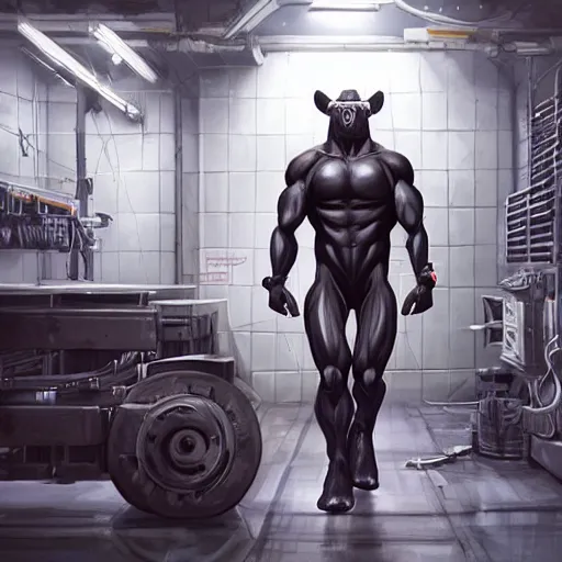 Image similar to a enormously muscled black - coated anthro horse supersoldier with long white hair wearing tactical kevlar fabric in a research facility, exaggerated muscle physique, highly detailed, furry, furaffinity, digital painting, artstation, sharp focus, smooth, concept art, illustration, art by artgerm, greg rutkowski, makoto shinkai