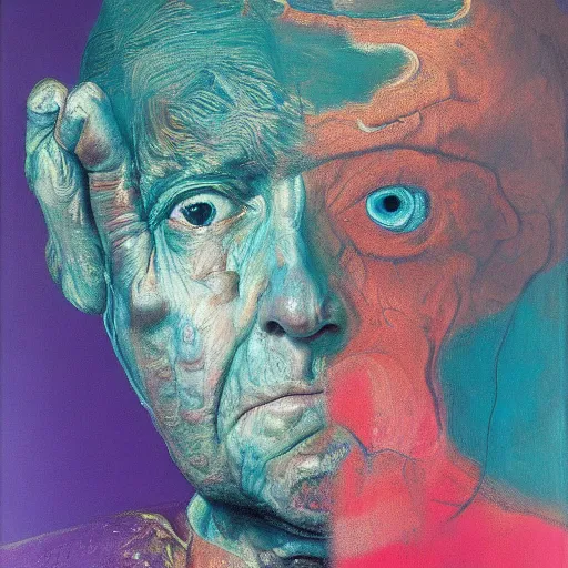 Prompt: high quality high detail expressionist painting zdzislaw beksinski by lucian freud and jenny saville and francis bacon and francisco goya and edvard munch, hd, anxiety, turquoise and purple and orange and pink