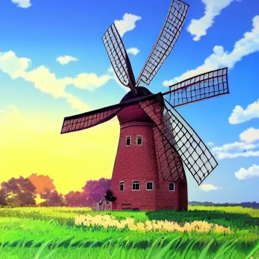 Image similar to beautiful countryside background with a windmill by studio ghibli, 4k, cute, colourful, summer