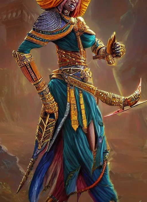 Image similar to sekmet egyptian inspired, ultra detailed fantasy, dndbeyond, bright, colourful, realistic, dnd character portrait, full body, pathfinder, pinterest, art by ralph horsley, dnd, rpg, lotr game design fanart by concept art, behance hd, artstation, deviantart, hdr render in unreal engine 5