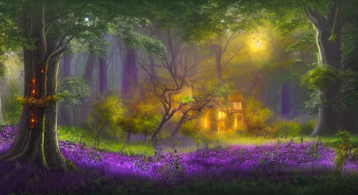 Prompt: A professional digital landscape painting of The Feywild forests overlooking a mansion, painted by Terese Nielsen, 4k, digital art, highly detailed, upper body shot, shallow depth of field, purple and yellow lighting, professional lighting, airbrush,