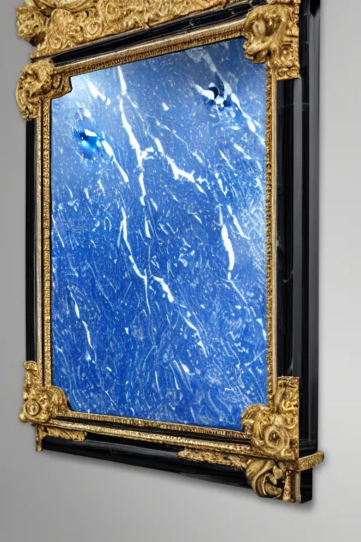 Image similar to dripping melted sapphire on black veined marble hyperrealistic lighting shine baroque rococo