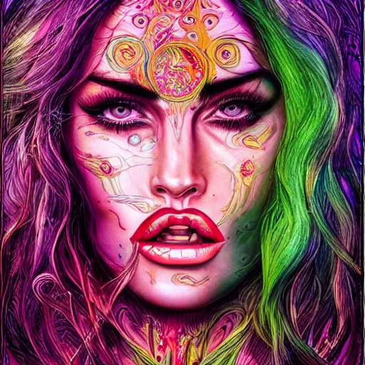 Prompt: an extremely psychedelic portrait of megan fox as lilith, surreal, lsd, face, detailed, intricate, elegant, lithe, highly detailed, digital oth, sharp focus, illustration,