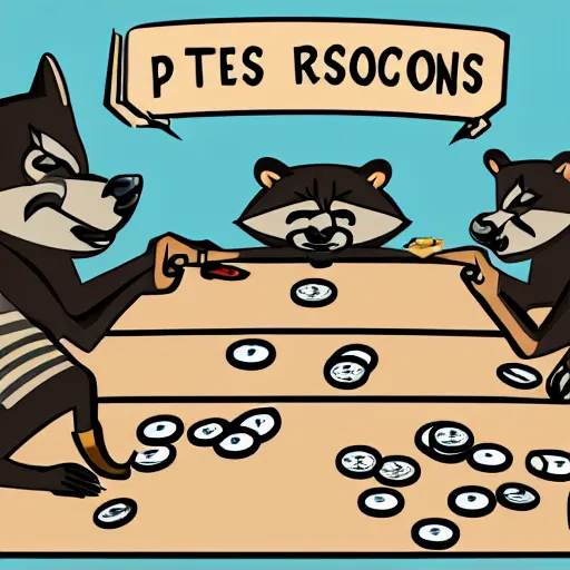 Image similar to illustration of gangster raccoons in smokings, playing poker, dollars, and pistolet on the table