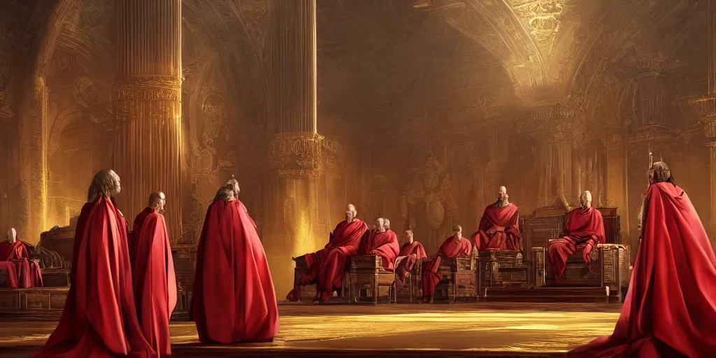 Image similar to beautiful oil matte portrait painting, ancient senators in royal crimson robes sit in tribunes, highly detailed, beautiful cinematic light deep focus, elegant, digital painting, smooth, sharp focus, golden ratio, dramatic illumination, art by aleksi briclot, rutkowski and caravaggio