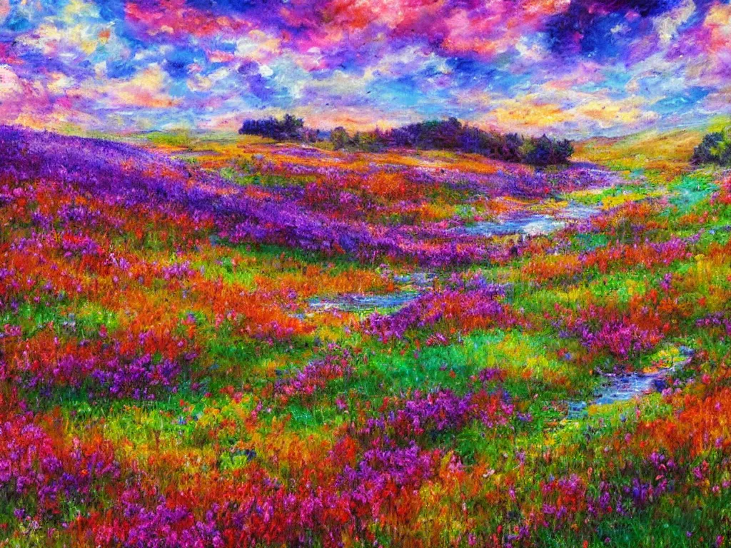 Image similar to an impressionist painting of a gorgeous meadow filled with colorful mushrooms with a stream flowing through it, psychedelic colors, colorful sky in background, trending on artstation