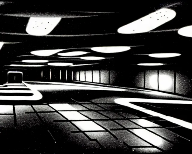 Prompt: interior shot of a space port at night, retro punk, cinematography by Jim Jarmusch, composition by Hale Woodruff,in the style of robert doisneau, set design by Ed Wood