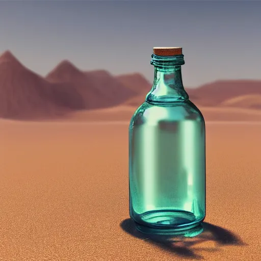 Prompt: a breathtaking incredibly detailed realistic clear glass bottle with a rolled up old parchment inside tied with a ribbon, partially buried in a sandy arid desert, by makoto shinkai and beeple, trending on artstation and cgsociety, cinematic lighting