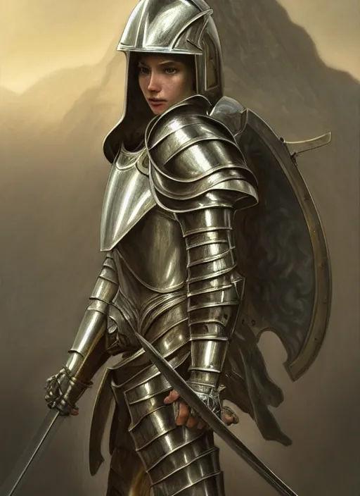 Image similar to esoteric knight in armor with sword!! murky lighting, wind blowing, bust portrait, fairytale, physical mental perfection, 3 / 4 camera angle! intricate, romanticism, highly detailed, biblical divine holy perfection!! digital painting, artstation, concept art, smooth, sharp focus, by artgerm and greg rutkowski and alphonse mucha