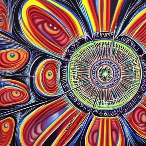 Image similar to Alex Grey painting of someone putting on a contact lens, repeating patterns