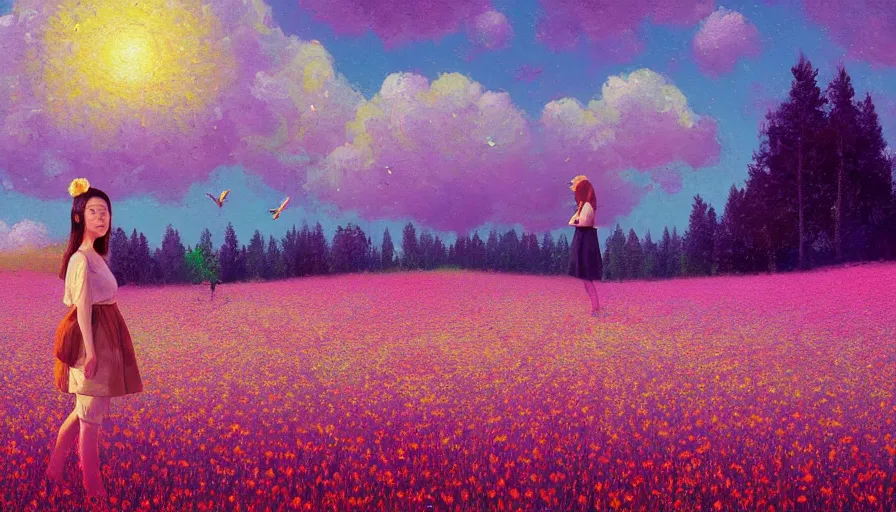 Image similar to girl with an blooming flower face, surreal photography, dream, standing in flower field, hills, big trees, sunrise dramatic light, impressionist painting, colorful clouds and birds in sky, digital painting, pointillism, artstation, simon stalenhag