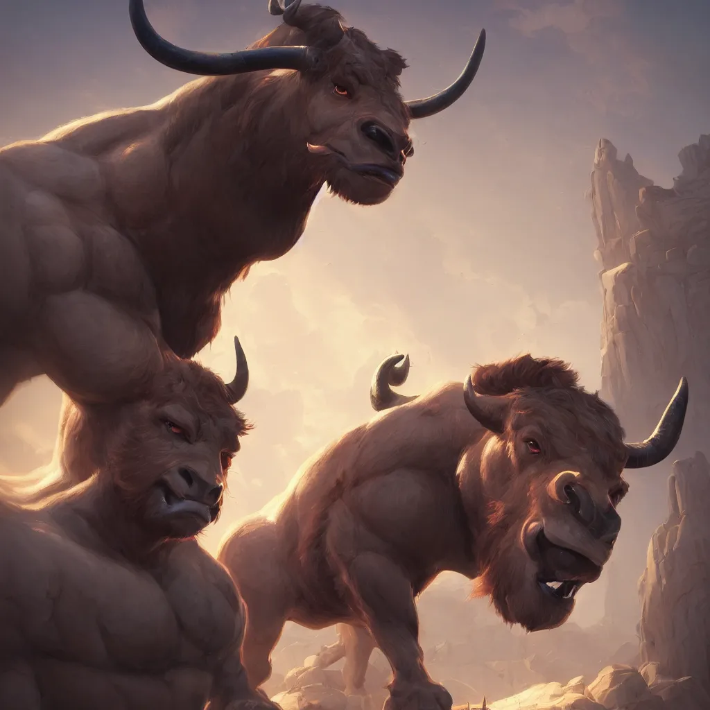 Image similar to portrait of a minotaur, an antropomorphic creature with a bull face, dark hair, mattepainting concept blizzard pixar maya engine on cold night stylized background splash comics global illumination lighting artstation lois van baarle, ilya kuvshinov, rossdraws