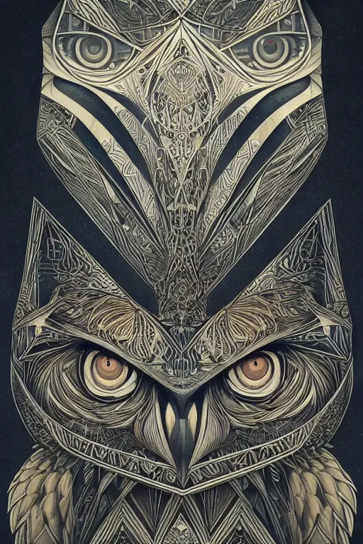 Image similar to portrait of a geometric owl, identical eyes, medium shot, fantasy, vivid, illustration, geometric tattoo style, detailed line work, symmetrical, artstation, hyperdetailed, cinematic lighting, insanely detailed and intricate, ornate, ultrasharp, by peter mohrbacher, by victor vasarely