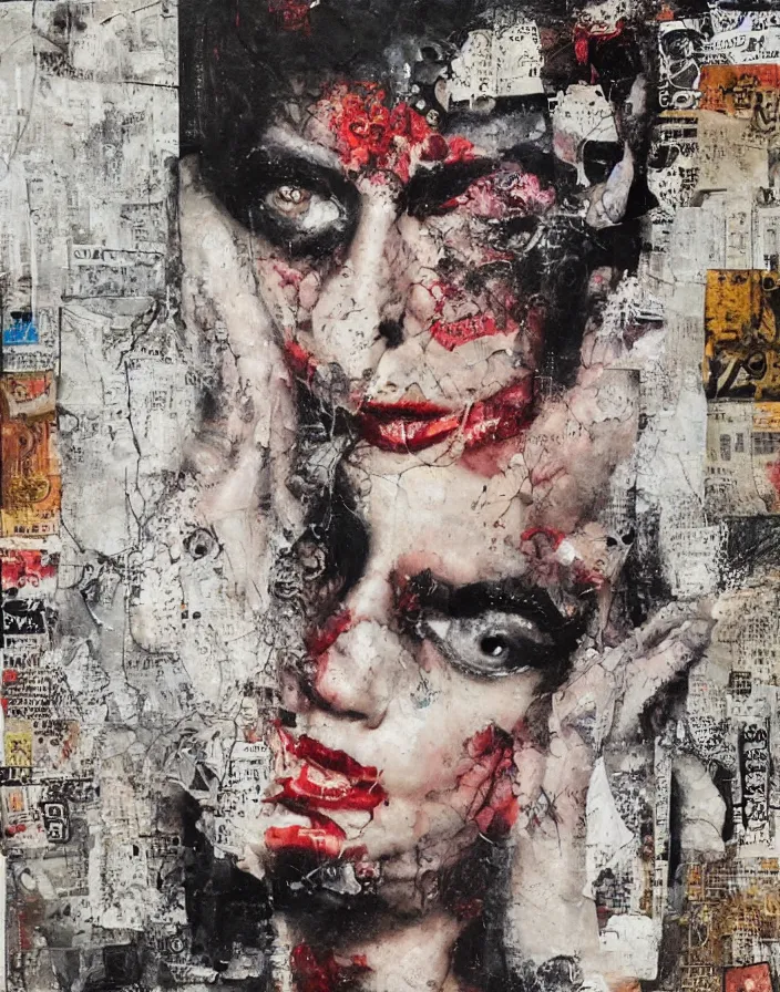 Prompt: damned pleasures detailed analogue mixed media collage with canvas texture in style of contemporary art, punk art, hyperrealistic beautiful face, photorealistic, expressionism, masterpiece, perfect composition, spectacular quality, intricate oil details