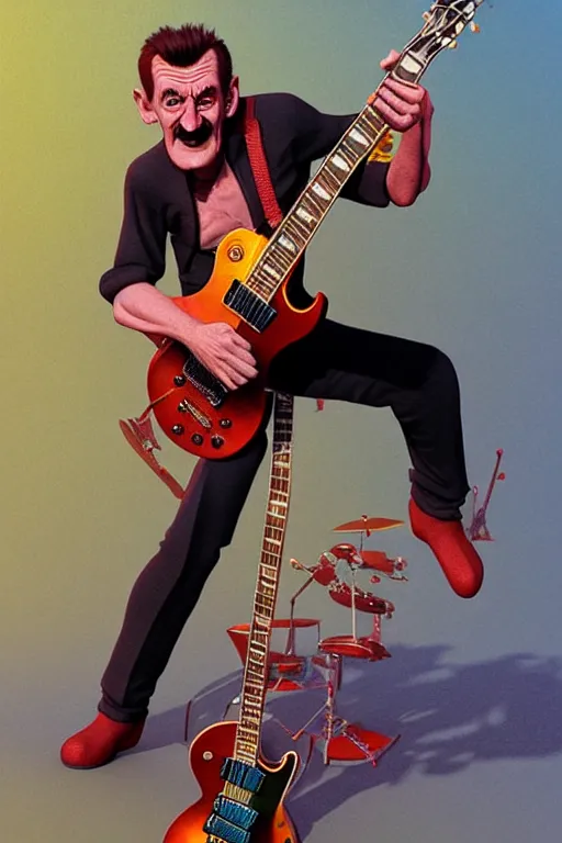 Prompt: barry chuckle ( shredding on a gibson les paul, art by frank frazetta and glenn fabry, and richard corben, 3 d rendering by beeple, 8 k )