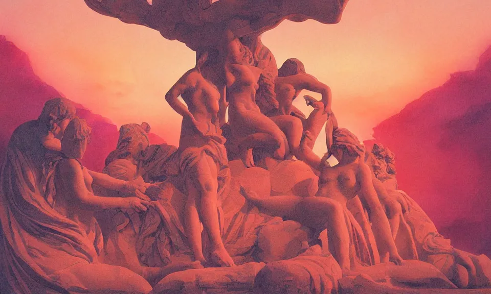 Prompt: digital painting of people revering at the base of a greek sculpture a beautiful massive female statue surrounded by dreamy coral, sunset in the desert, by syd mead and jack kirby, color scheme, kirby crackle, arik roper, concept art