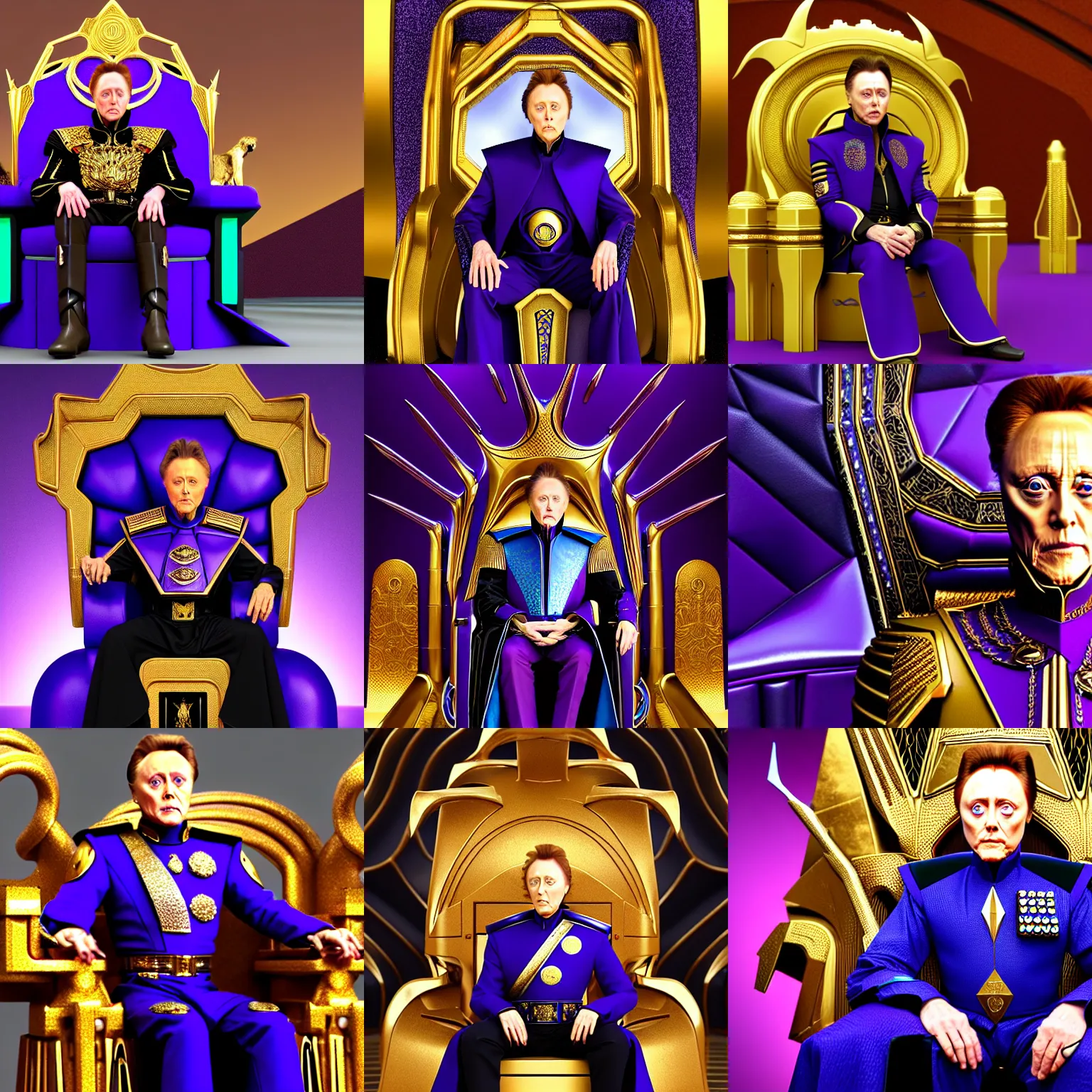 Prompt: Establishing shot of Christopher Walken as Emperor Shaddam IV with blue-eyes-of-ibad, in Dune, wearing futuristic ornate Tyrian-purple regal leather uniform, with two golden-lion-emblems on uniform, sitting on a golden-lion-throne inside a futuristic cubist-Gaudi hall, hyper photorealistic, Arnold Render, Houdini render, Octane Render, Quixel Megascans, 8k