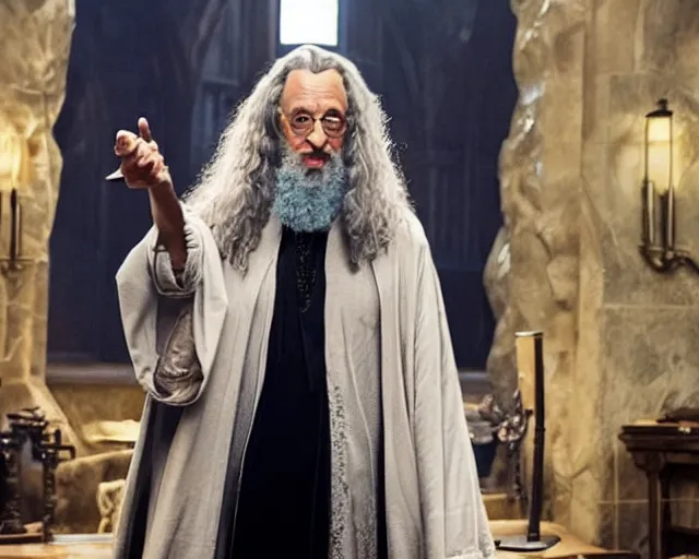 Image similar to jeff goldblum casted as dumbledore in a scene from harry potter