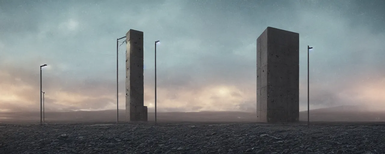 Prompt: a concrete tower with several cables coming from the top of it and going out of frame, the tower stands in a icelandic beach, cloudy day, blue hour, by filip hodas, by simon stalenhag, cinematic, dramatic light concept art, matte painting, trending on artstation, dystopia, cyberpunk