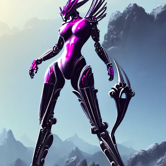 Image similar to extremely detailed giantess shot of a goddess that's a giant beautiful stunning anthropomorphic robot female dragon, standing majestically over mountains, elegant pose, streamlined shiny silver metal armor, fuchsia skin below the armor, sharp metal claws, long elegant tail, detailed warframe fanart, high quality digital art, giantess art, furry art, warframe art, furaffinity, DeviantArt, 8k HD, octane render