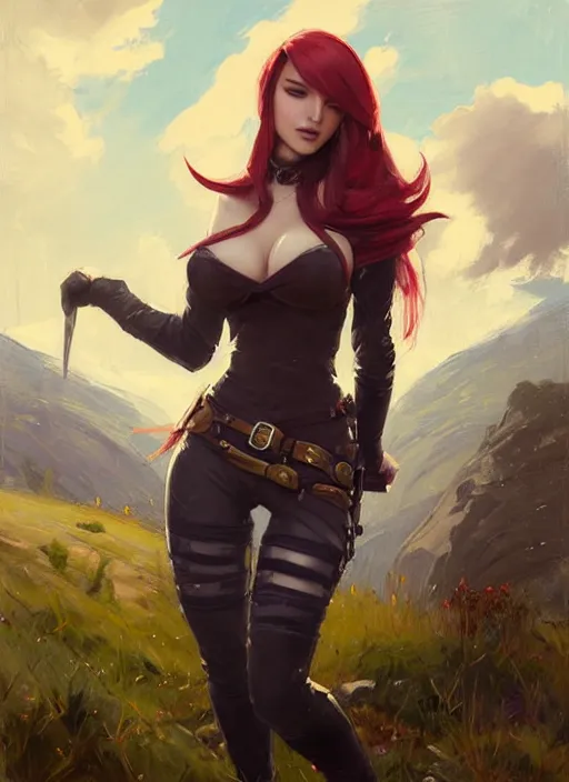 Image similar to portrait of Katarina from League of Legends after work, countryside, calm, fantasy character portrait, dynamic pose, above view, view from above, sunny day, thunder clouds in the sky, artwork by Jeremy Lipkin and Giuseppe Dangelico Pino and Michael Garmash and Rob Rey, very coherent symmetrical artwork, sharp edges, perfect face, simple form, 100mm